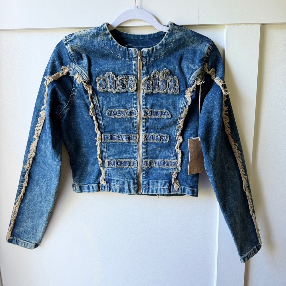 New Bodied By Kali Uchis Denim Jacket Blue Full Zip Frayed Patchwork Cropped S